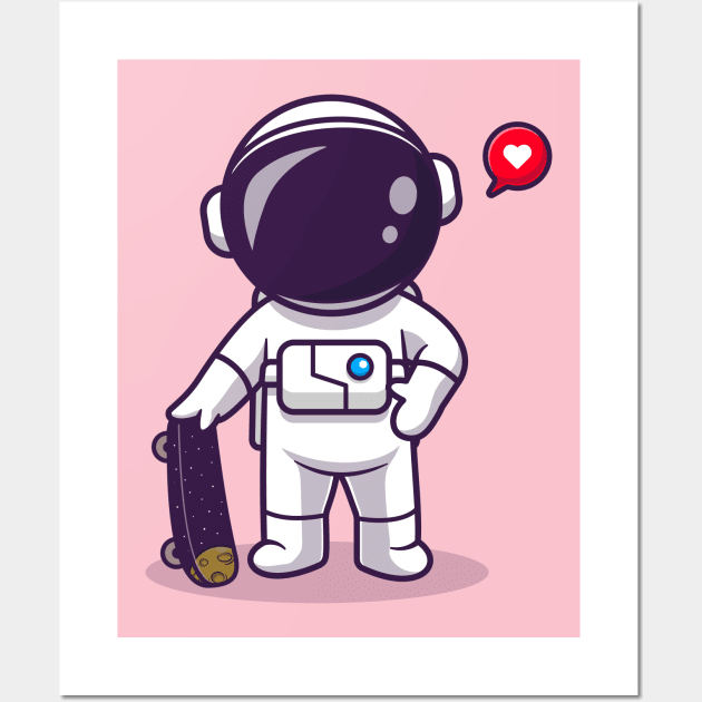 Cute Astronaut Playing Skateboard Cartoon Wall Art by Catalyst Labs